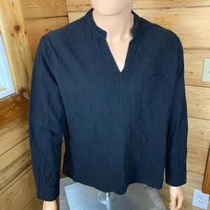 Nanameei Men’s Linen Blend Henley Shirt Black‎ Long Sleeve Top Size Large